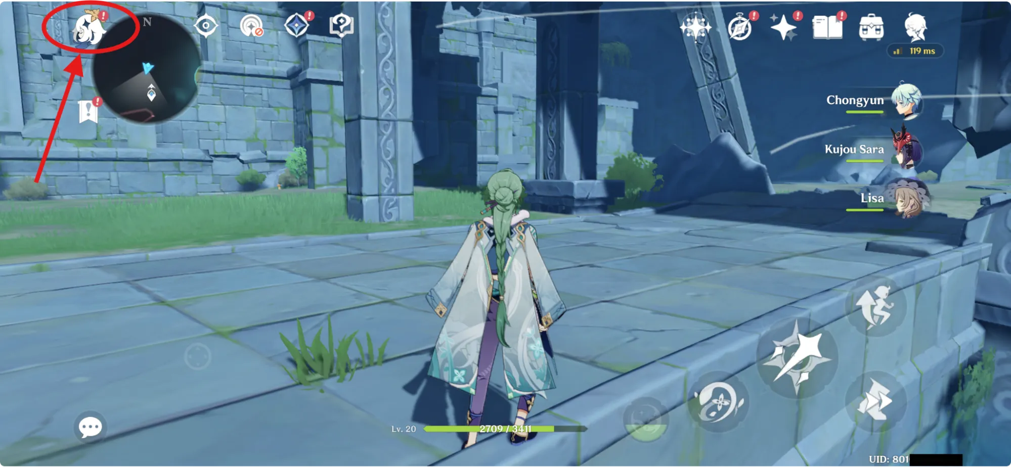 In the Genshin Impact, tap the menu icon in the top-left corner of the screen.