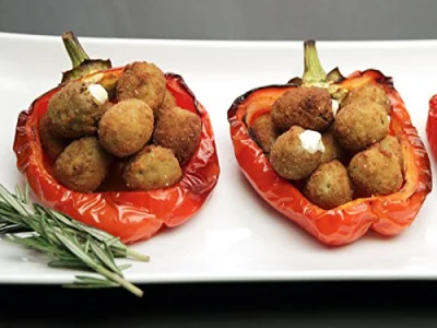 Fried olives in roasted red peppers
