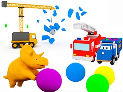 Learn vehicles and forms with Dino the Dinosaur: Balls and Trampoline/The Demolition Crane