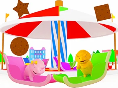Learn colors with Dina and Dino the Dinosaurs: The Cake Factory/Playing Merry-Go-Round