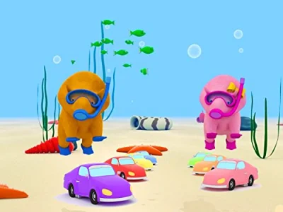 Learn colors with Dina and Dino the Dinosaurs: Painting Cars/Fishing in the Sea