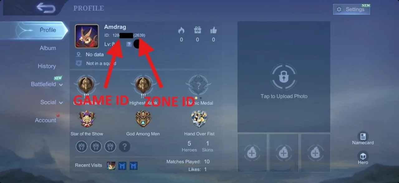 Узнайте свой UID и идентификатор зоны/сервера в Mobile Legends.