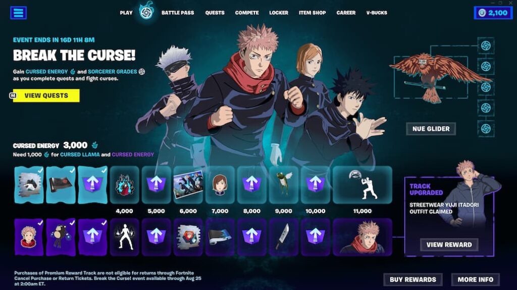 Fortnite x Jujutsu Kaisen collaboration break the curse rewards