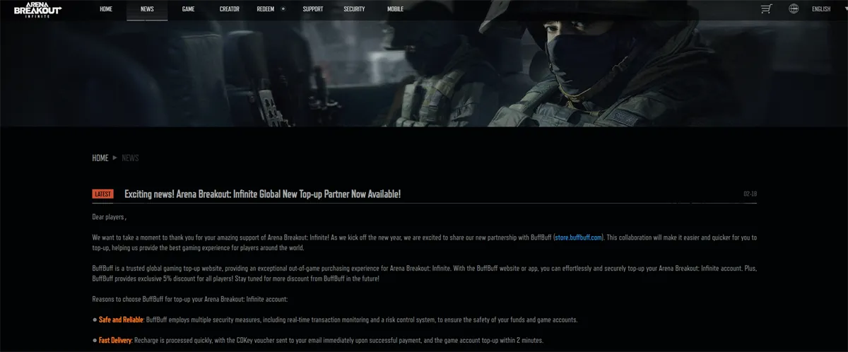 Página do site oficial de Arena Breakout sobre as parcerias com a BuffBuff