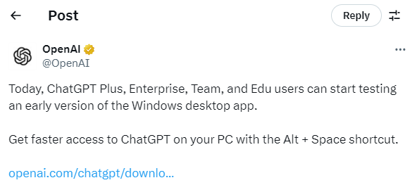 ChatGPT'nin Windows uygulaması