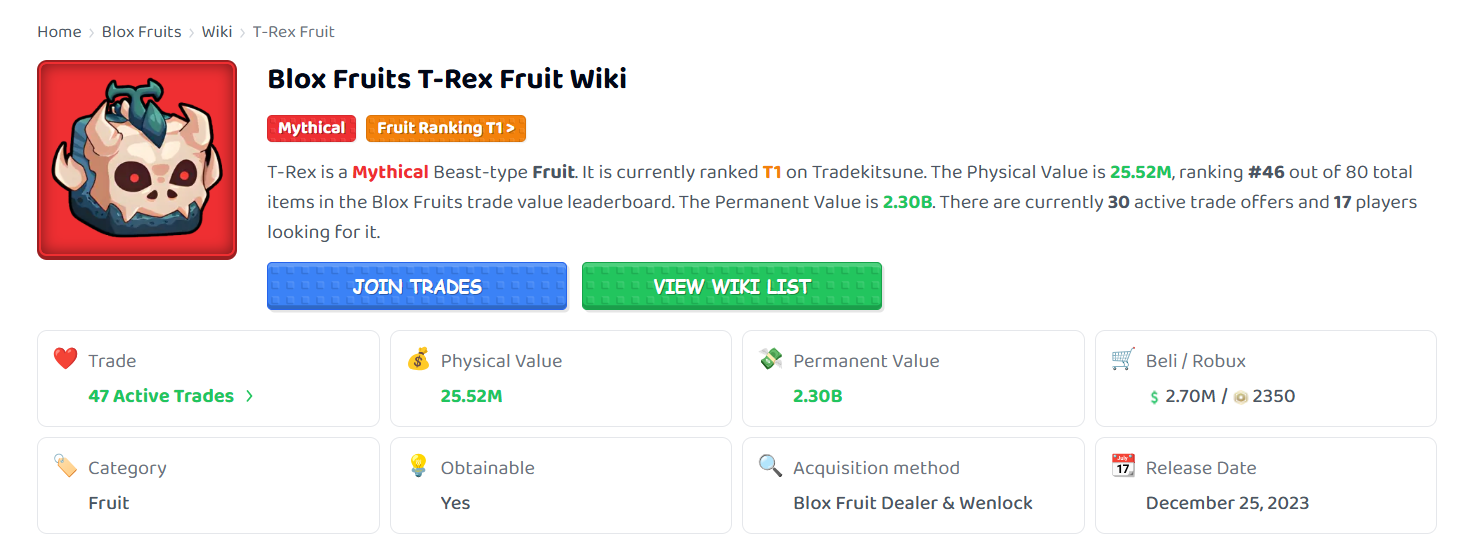 blox fruits t rex value