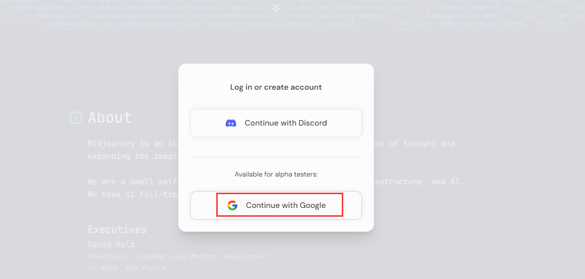 Log in to your Midjourney account