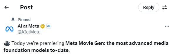 Official Twitter Post by Meta Announcing the Release of Movie Gen: https://twitter.com/AIatMeta/status/1842188252541043075