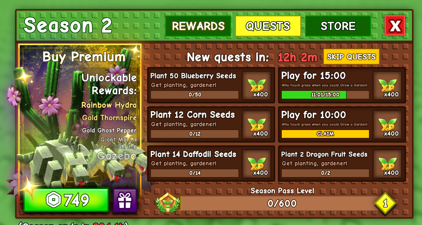 grow a garden season pass quests