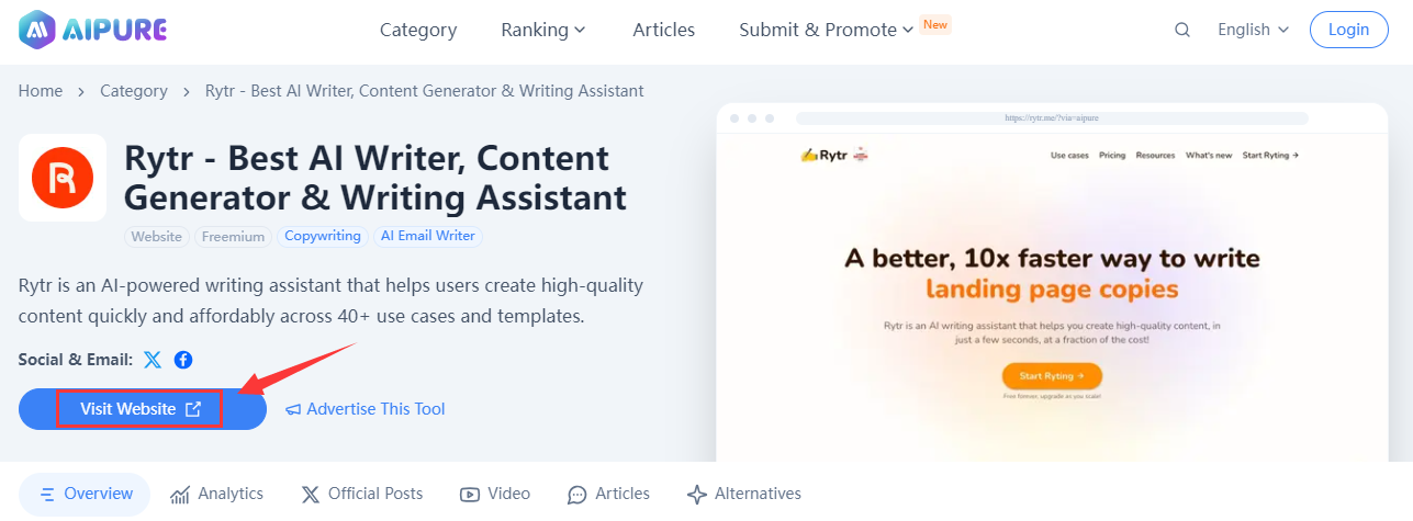 AI writing assistant Rytr