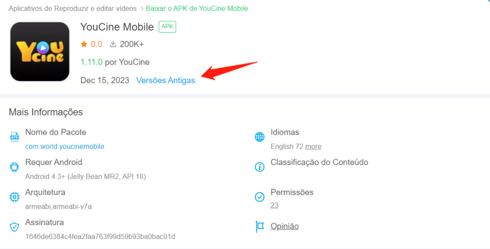 Como baixar versões antigas do YouCine Mobile para Android